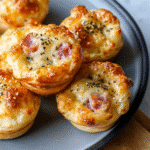 Ham & Gouda Puff Pastry Muffins with Dijon Glaze on a rustic table