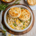 Best crockpot chicken pot pie recipe in bowl with biscuit