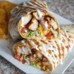 Chipotle Ranch Grilled Chicken Burrito cut open on board