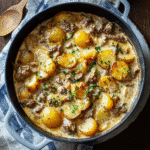 creamy one-pot beef and potato casserole in a rustic Dutch oven