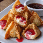 Deep-Fried Strawberry Cheesecake Stuffed Wonton Bites on serving plate