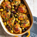 Garlic Chicken with Olives in a rustic Mediterranean kitchen