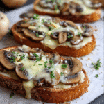 Gourmet cheesy mushroom and garlic toasts on tray