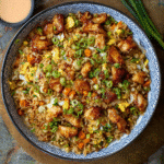 Spicy Bang Bang Chicken Fried Rice with crispy chicken, rice, and veggies