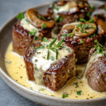 Tender Beef Medallions in Mustard and Cream Sauce served with sides