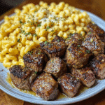 Garlic Butter Steak Bites & Creamy Mac & Cheese in cast-iron skillet