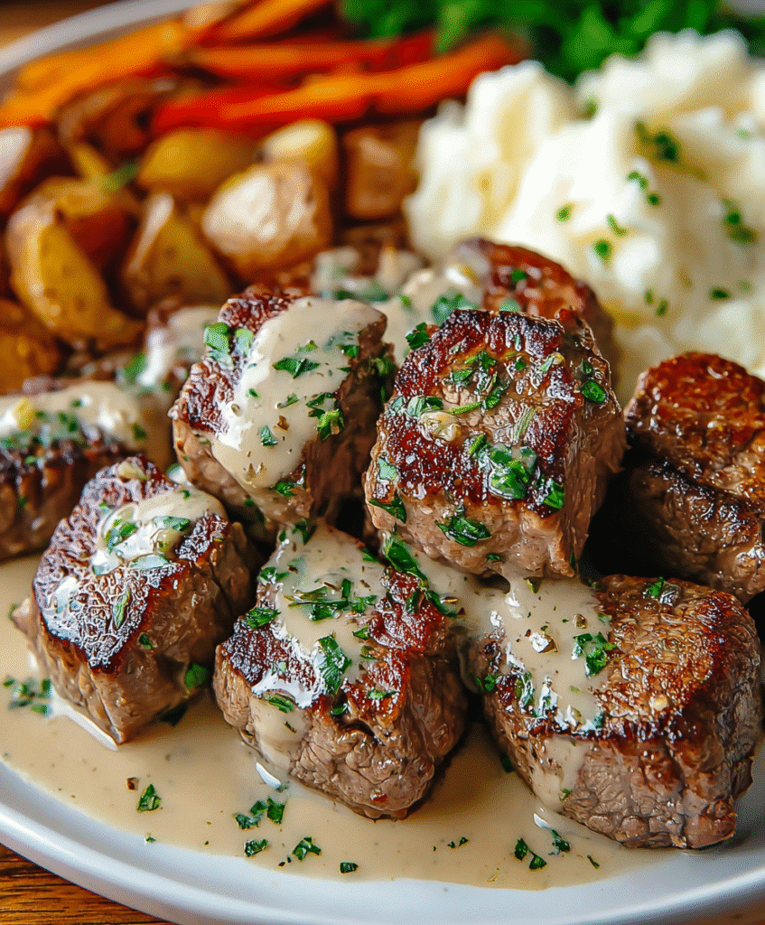 Garlic Butter Steak Bites with a Rich Parmesan Cream Sauce