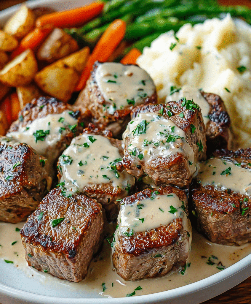 Garlic Butter Steak Bites with a Rich Parmesan Cream Sauce
